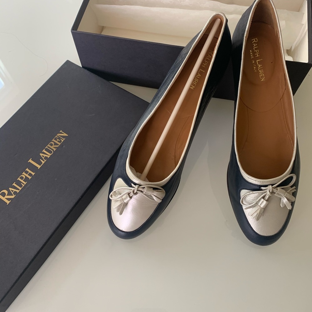 Ralph Lauren silver/navy leather loafers
